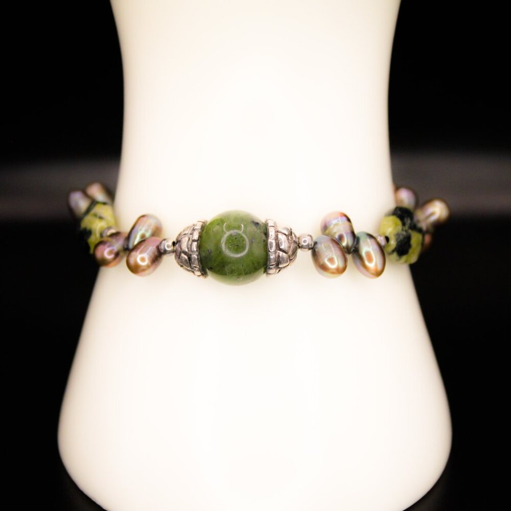 925 Sterling Silver BARSE Signed 2 Tone Green Tourmaline Peacock Pearl Bracelet